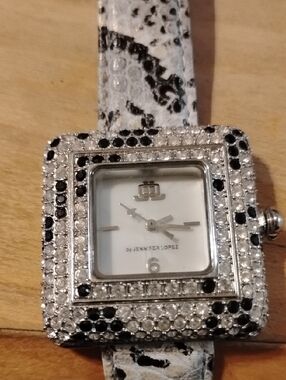 Jennifer Lopez Silver Crystal Square Watch with Black and White Strap